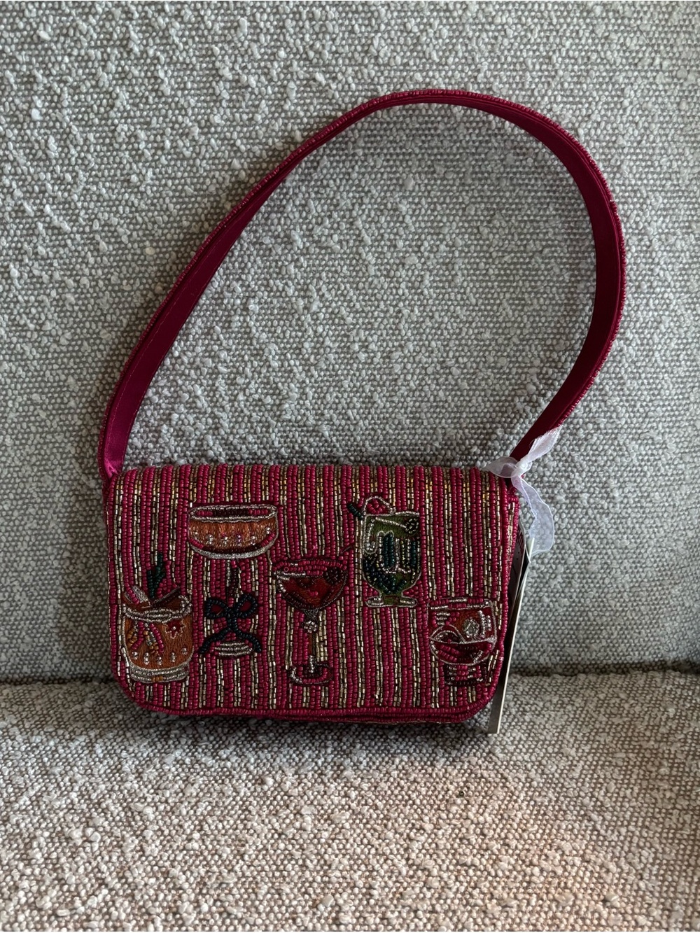 Beaded Red Cocktail Motif Shoulder Bag